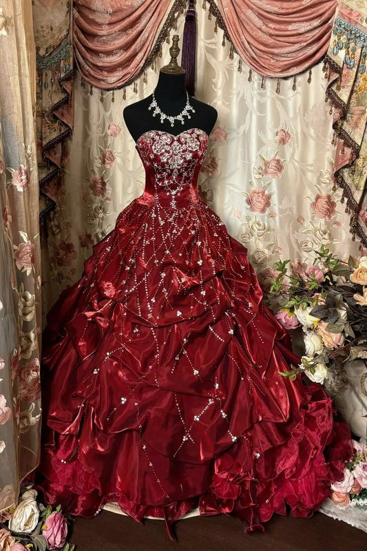Vintage Burgundy Satin Beaded Ruffled Layers Strapless Quinceanera Sweet 15 Ball Gown DP7176