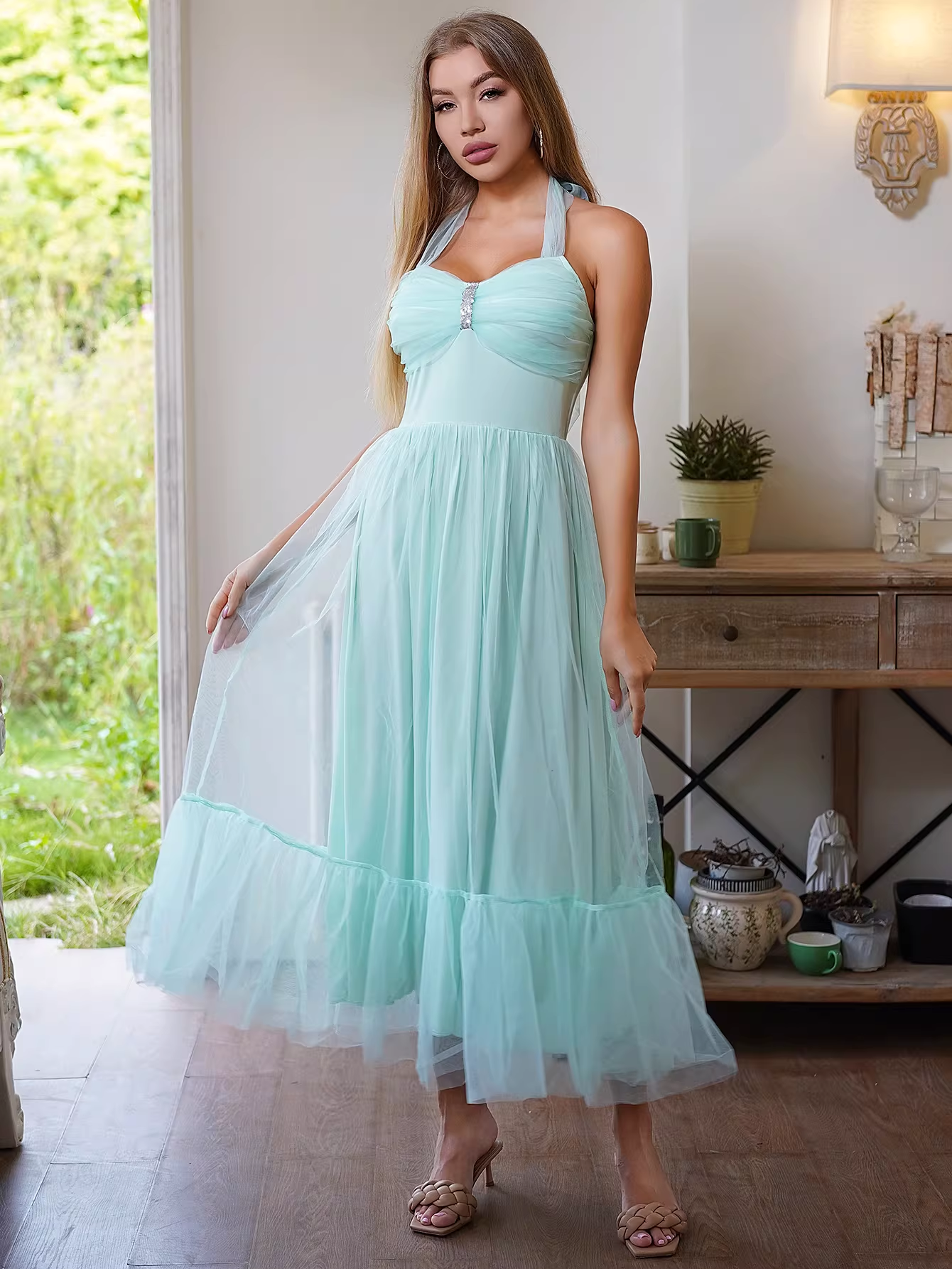 Elegant Sweetheart Halter Neck Tulle Ruffled Hem Cocktail Dress Evening Dress DP8074