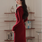 Robe de bal fourreau bordeaux vintage, robe de soirée à manches longues, robe longue en tricot, DP6701