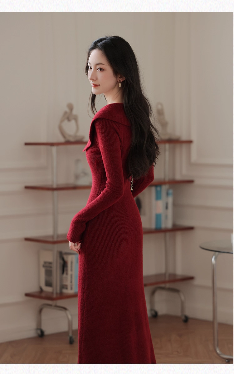 Robe de bal fourreau bordeaux vintage, robe de soirée à manches longues, robe longue en tricot, DP6701