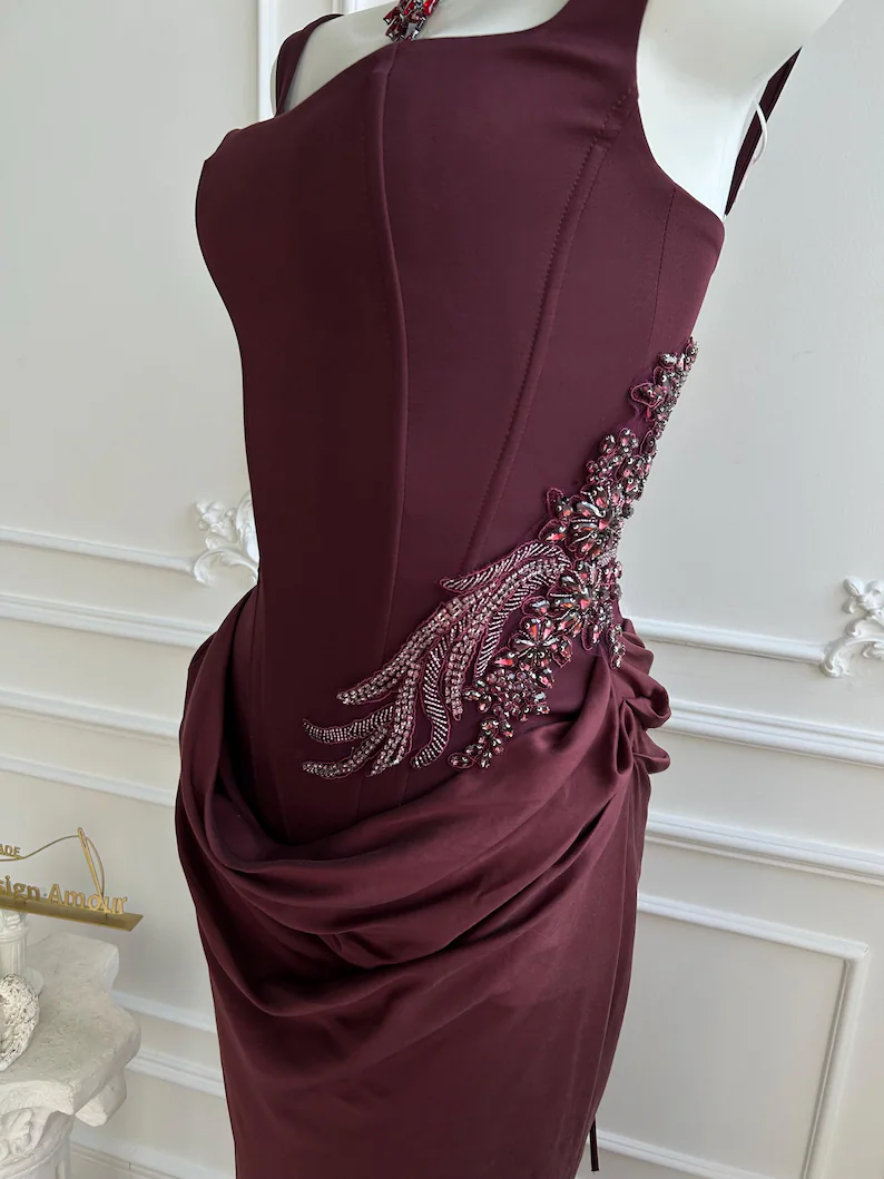 Elegant Burgundy Square Neck Corset Mermaid Beaded Evening Gown DP8399