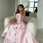 Vintage Blush Strapless Satin Evening Gown Floral Embroidery Train Formal Prom Dress DP7576