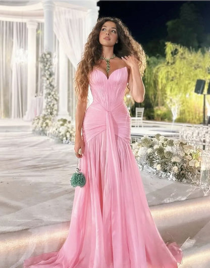 Chic Pink Chiffon Prom Dress Sheath Sweetheart Evening Gown Strapless Pleated Party Dress Long Formal Dress DP6878