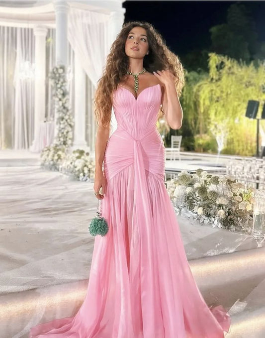 Chic Pink Chiffon Prom Dress Sheath Sweetheart Evening Gown Strapless Pleated Party Dress Long Formal Dress DP6878