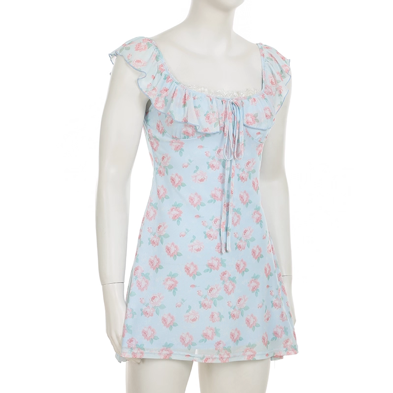 Cute Light Blue Floral Square-neck A-Line Short Summer Dresses Party Dress Homecoming Dress DP6343
