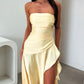 Elegant Yellow Satin Strapless Ruched Sheath High Slit Asymmetrical Cocktail Party Prom Dress DP8650