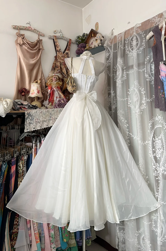 Vintage White Two-Piece V-Neck Evening Gown Sleeveless Wrap Top & Chiffon Skirt Prom Dress DP8329