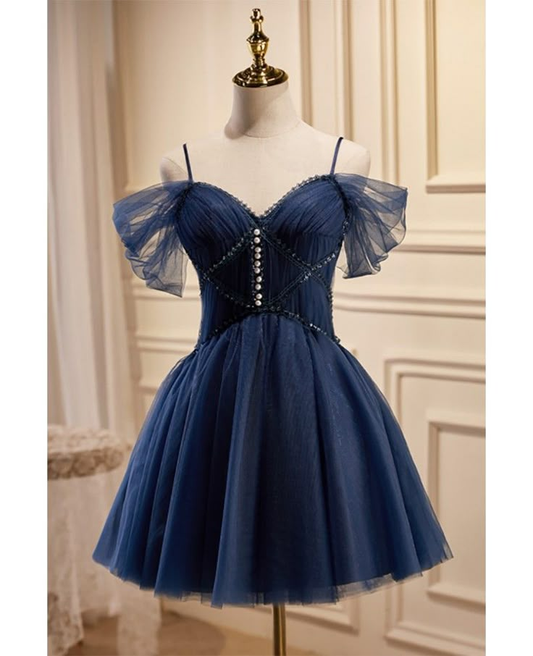 Elegant Navy Blue Off-the-Shoulder Tulle Pearl Beaded A-Line Homecoming Dress DP8702