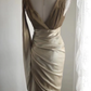 Glamorous Champagne Gold Satin Sleeveless V-Neck Embellished Waist & Ruched Prom Dress DP7640