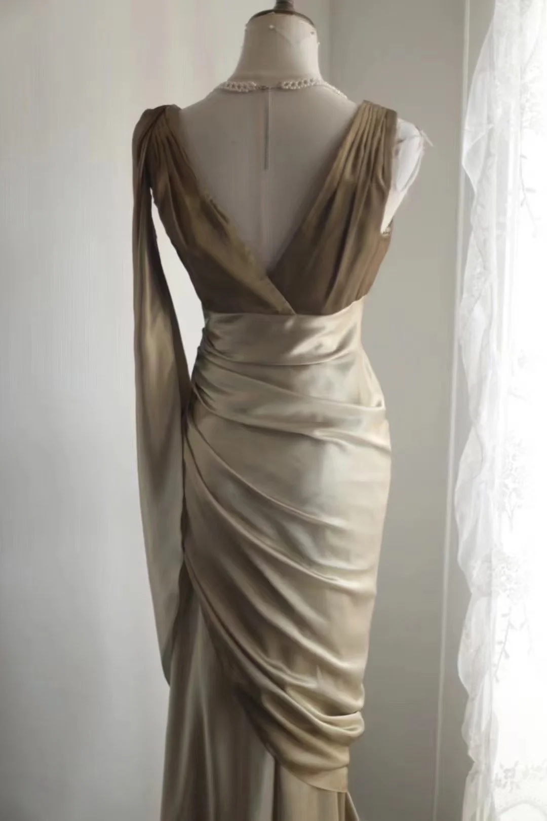 Glamorous Champagne Gold Satin Sleeveless V-Neck Embellished Waist & Ruched Prom Dress DP7640