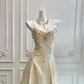 Vintage Champagne Gold Spaghetti Strap A-Line Beaded Evening Gown DP8402