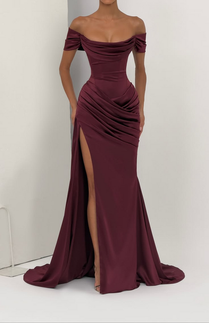 Elegant Burgundy Off-the-Shoulder Satin Mermaid Prom Dress DP8523