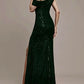 Green Off Shoulder Sequins Sheath Long Formal Party Dress with Split DP3836