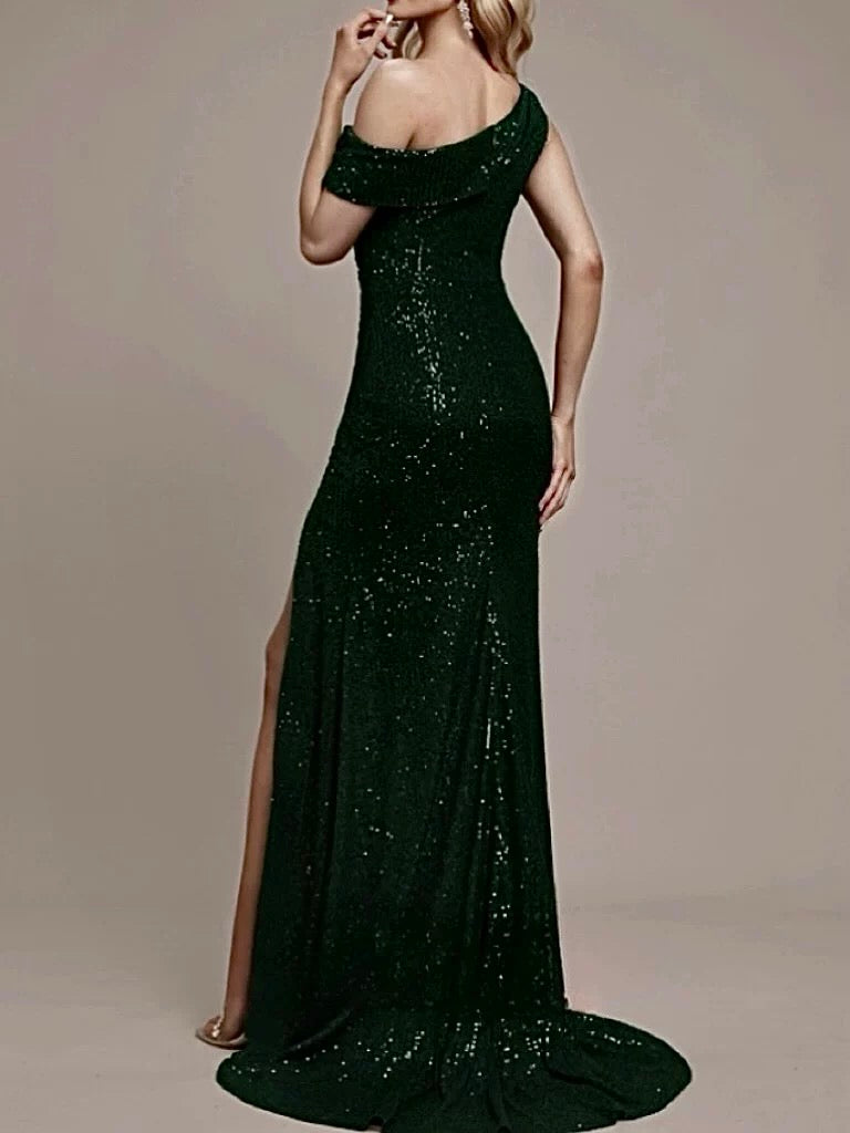 Green Off Shoulder Sequins Sheath Long Formal Party Dress with Split DP3836