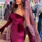 Chic Fuchsia Velvet Prom Dress Sheath Evening Gown Strapless Party Dress Long Formal Dress DP6877