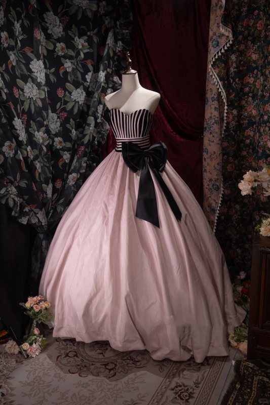 Elegant Pink  Black Striped Bodice Sweetheart Strapless Bow Ball Gown DP8345