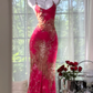 Vintage Red Floral Long Prom Dress Sheath Chiffon Spaghetti Strap Backless Formal Dress, DP6544
