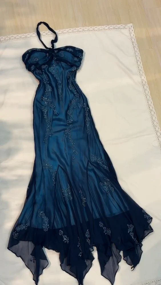 Vintage Halter Beadings Ruffles Long Prom Gown Evening Dress, DP3706