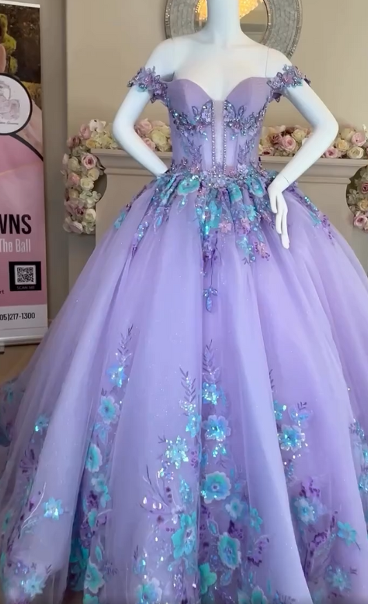 Vintage Lilac Sequin Sweetheart Off-the-shoulder Sweet 16 Quinceanera A-Line Floor-length Prom Dress Birthday Dress Evening Dress Ball Gown DP6697