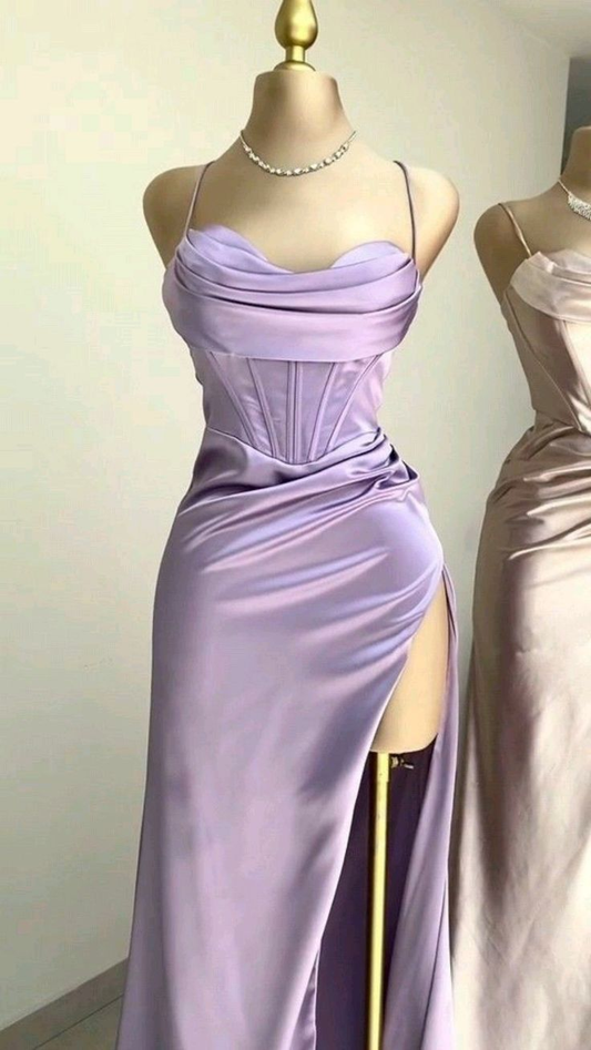 Elegant Lilac Spaghetti Straps Sheath Satin Long Party Dress, DP3819