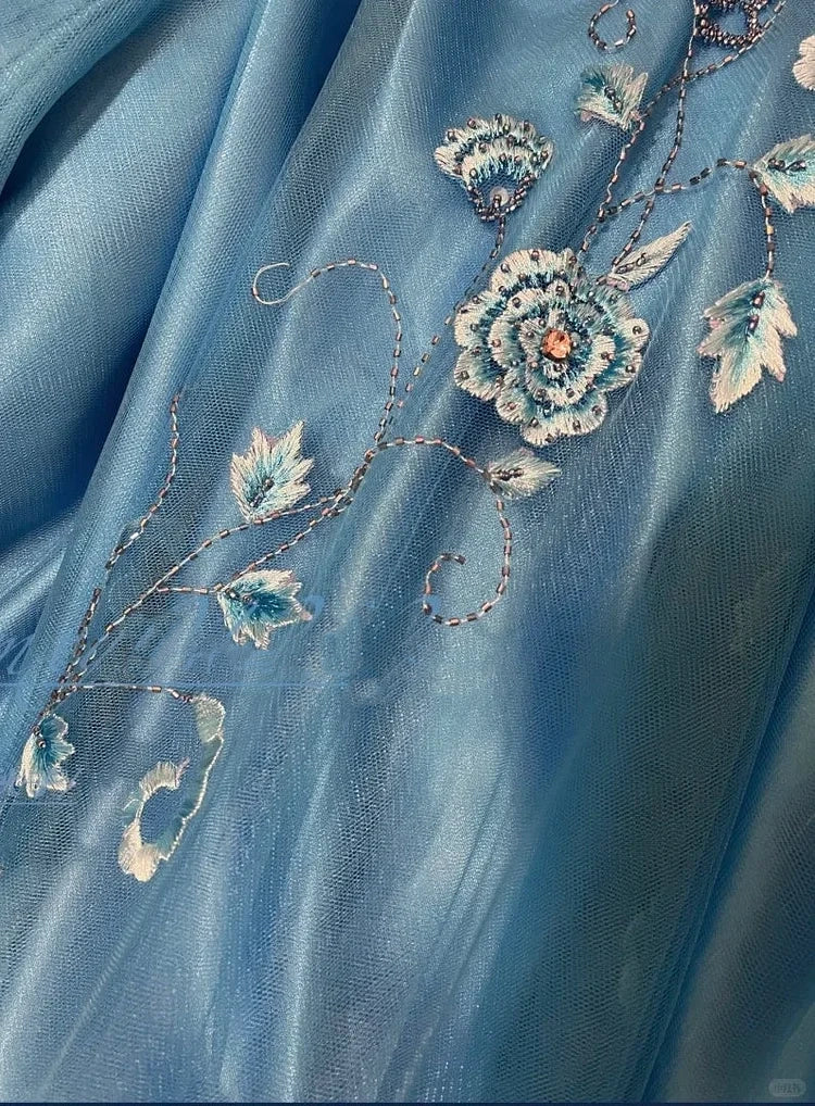 Elegant Ocean Blue Off-the-Shoulder Mermaid Satin & Embroidery Prom Dress DP8180