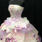 Elegant Pastel Pink & Lavender Strapless Lace Tulle Bow Details Fairycore Sweet 16 Quinceanera Ball Gown DP7276