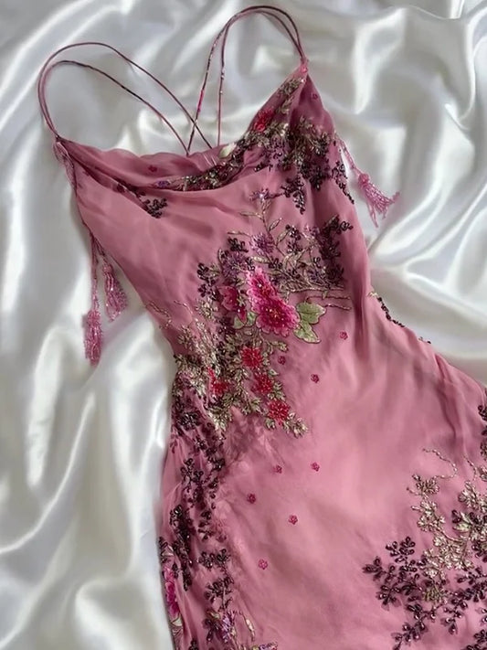 Vintage Rosa Blumenstickerei Ballkleid Rotes Meerjungfrau Abendkleid Satin Abendkleid DP6650