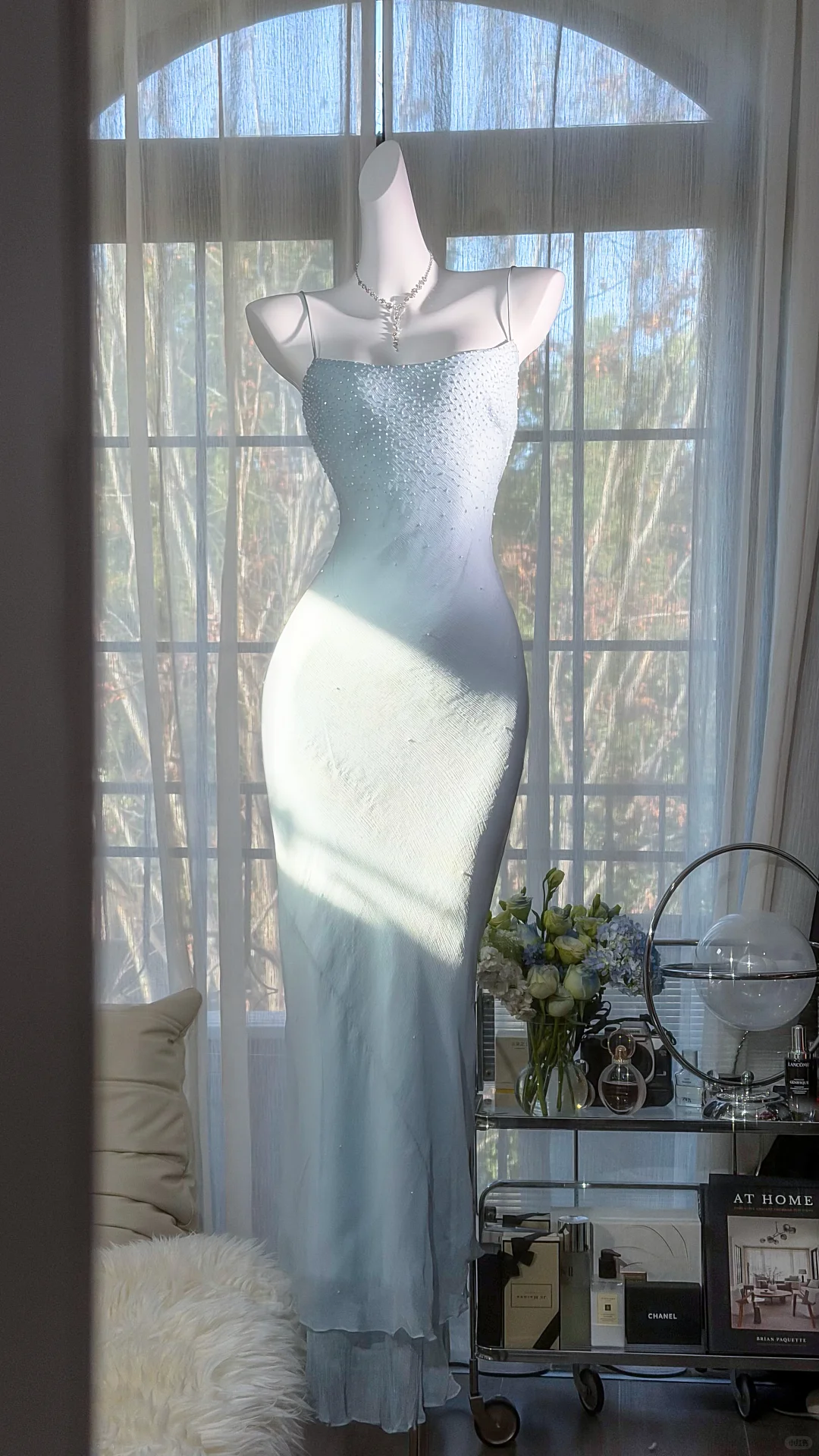Elegant Light Blue Beaded Mermaid Prom Dress Spaghetti Strap Evening Dress DP8123