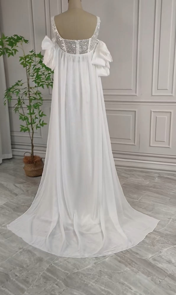 Wunderschönes weißes glitzerndes Pailletten-Perlen-Herzstück-A-Linie-langes Ballkleid Partykleid Abendkleid DP6496