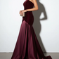 Elegant Burgundy One-Shoulder Velvet & Satin Mermaid Ruched Evening Gown DP8632
