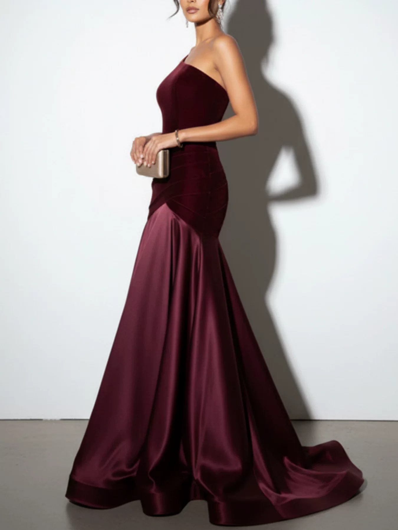 Elegant Burgundy One-Shoulder Velvet & Satin Mermaid Ruched Evening Gown DP8632