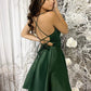Vintage Dark Green A-Line Homecoming Dress Spaghetti Strap Party Dress Satin Cocktail Dress DP6632