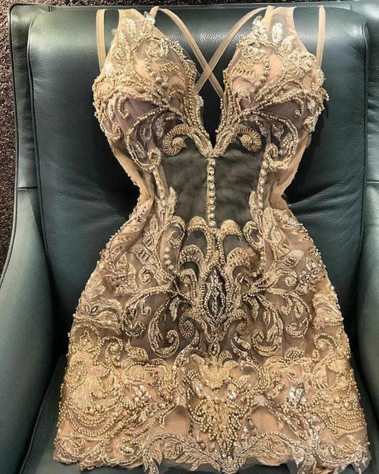 Enchanting Champagne Embroidery Beaded Homecoming Dress Sheath Party Dress Short Cocktail Dress DP6627