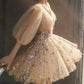 Chic Shiny Champagne Sequin Homecoming Dress V-neck Party Dress Short A-Line Cocktail Dress, DP6620