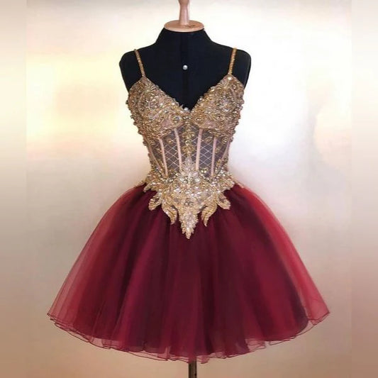 Vintage Shiny Beaded Homecoming Dress V-neck Party Dress Short A-Line Cocktail Dress DP6629