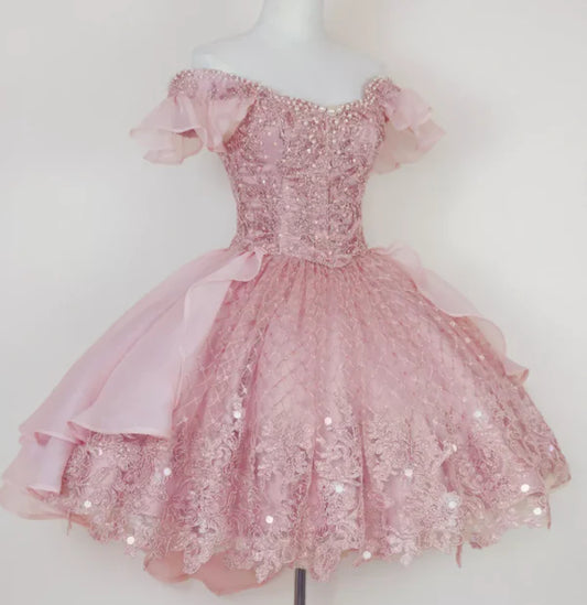 Vintage Shiny Pink Beaded Homecoming Dress Off-the-shoulder Party Dress Short A-Line Cocktail Dress DP6630