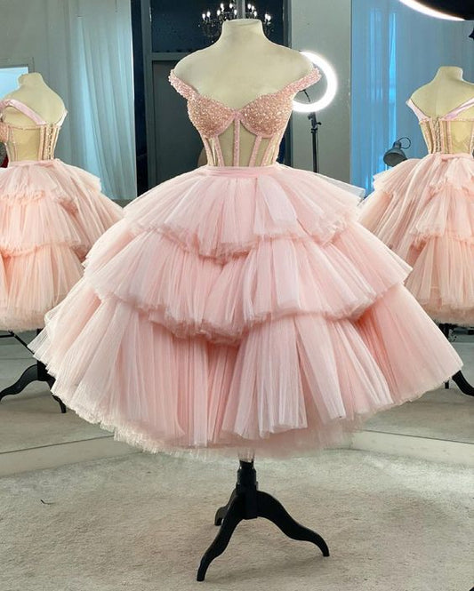Vintage Shiny Pink A-Line Homecoming Dress Off-the-shoulder Party Dress Tulle Cocktail Dress DP6633