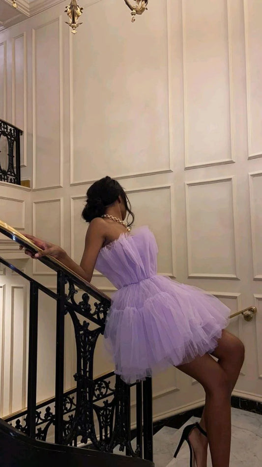 Vintage Lilac A-Line Homecoming Dress Strapless Party Dress Tulle Cocktail Dress  DP6631