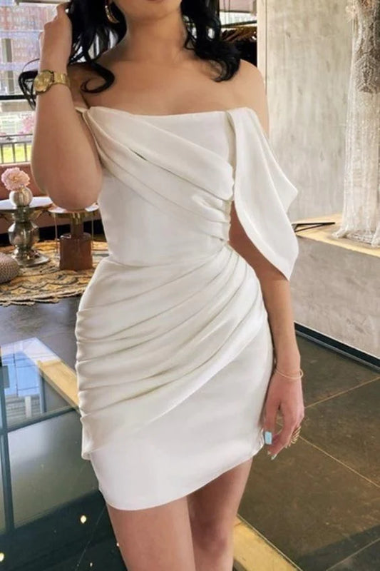 Vintage White Sheath Homecoming Dress Off-the-shoulder Party Dress Short Cocktail Dress, DP6607