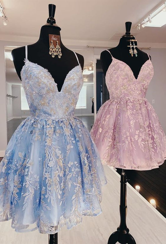 Vintage Lace Applique Floral Homecoming Dress Spaghetti Strap Party Dress Short A-Line Cocktail Dress  DP6625