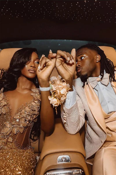 Chic Champagne Sheath Beaded Applique Prom Dress Evening Gown V-neck Party Dress Long Formal Dress DP6941