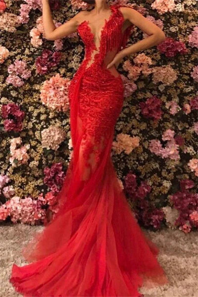 Robe de soirée sirène vintage rouge asymétrique en dentelle, robe de soirée longue et formelle DP6827