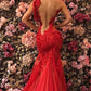 Robe de soirée sirène vintage rouge asymétrique en dentelle, robe de soirée longue et formelle DP6827