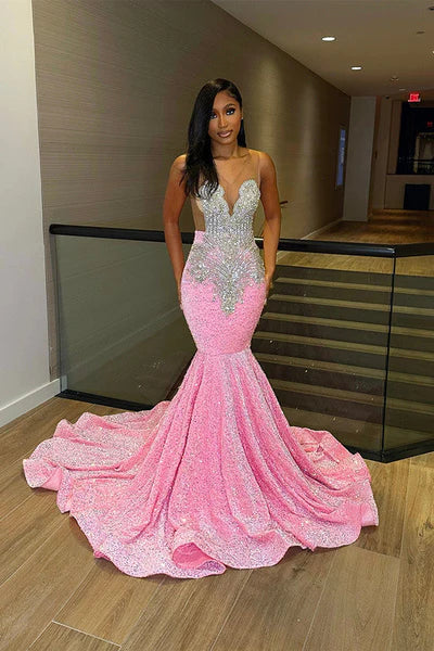 Robe de bal sirène rose vintage, robe de soirée longue à perles scintillantes, robe de soirée formelle DP6828