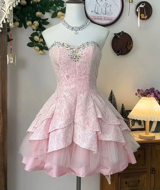 Glam Pink Lace Strapless Rhinestone Homecoming Dress A-Line Tiered Tulle Party Gown DP7873