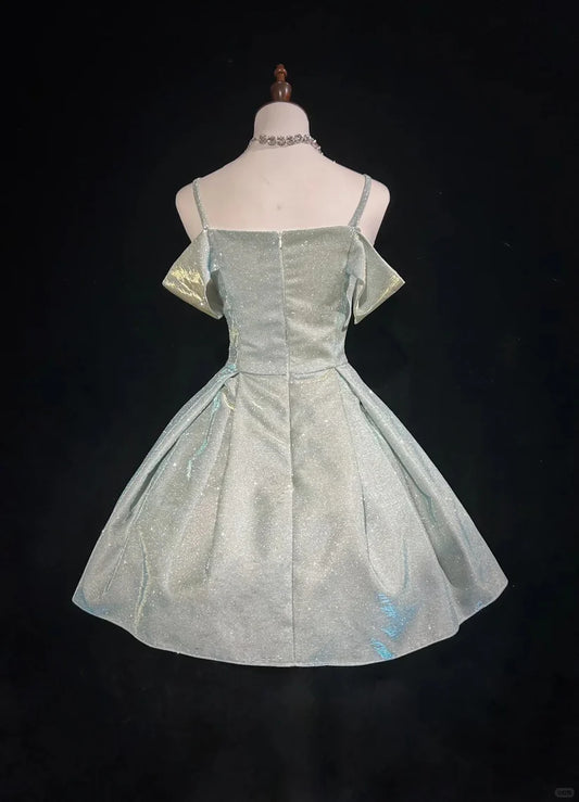 Funkelndes hellblaues A-Linien-Partykleid aus Satin mit Spaghettiträgern und Pailletten, Homecoming-Kleid DP6088