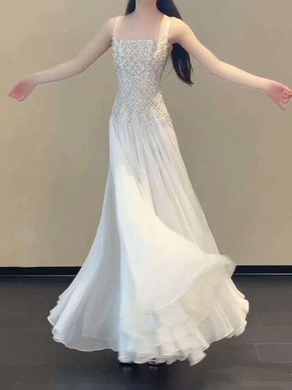 Elegant Ivory Square Neck Beaded Spaghetti Strap A-Line Chiffon Layered Prom Dress DP8570