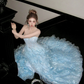 Wunderschönes glänzendes hellblaues trägerloses A-Linien-Tüll-Brautkleid, Ballkleid, Abendkleid DP6248