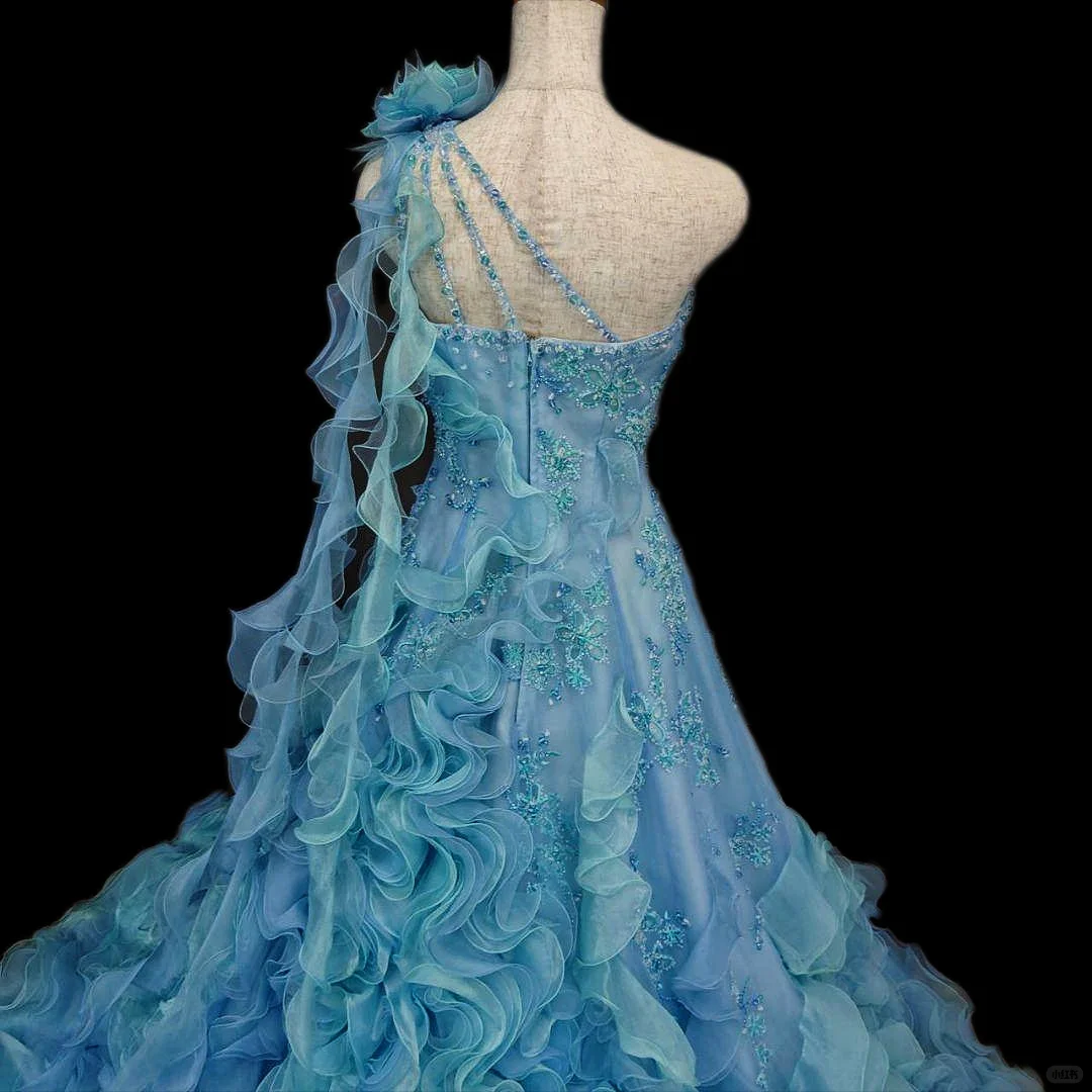 Vintage Turquoise One-Shoulder Sequin Ruffled Tulle Sweet 16 Quinceanera Ball Gown DP7551