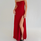 Charming Red Straps Satin Long Party Dress with Split, DP2759
